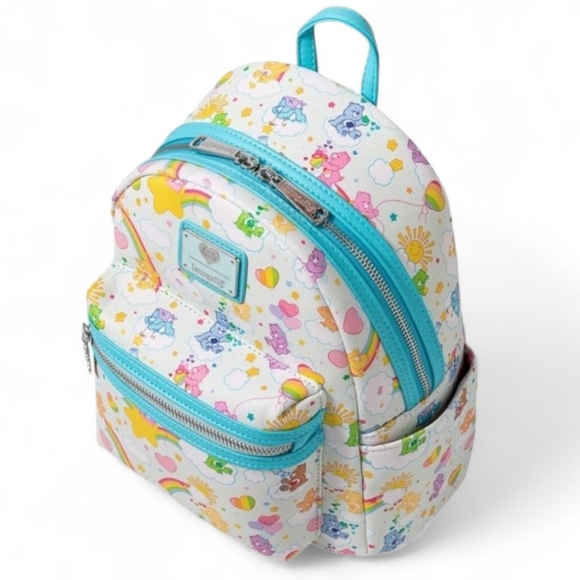 Loungefly Care Bears AOP Rainbow & Clouds Mini Backpack, White & Turquoise, NEW